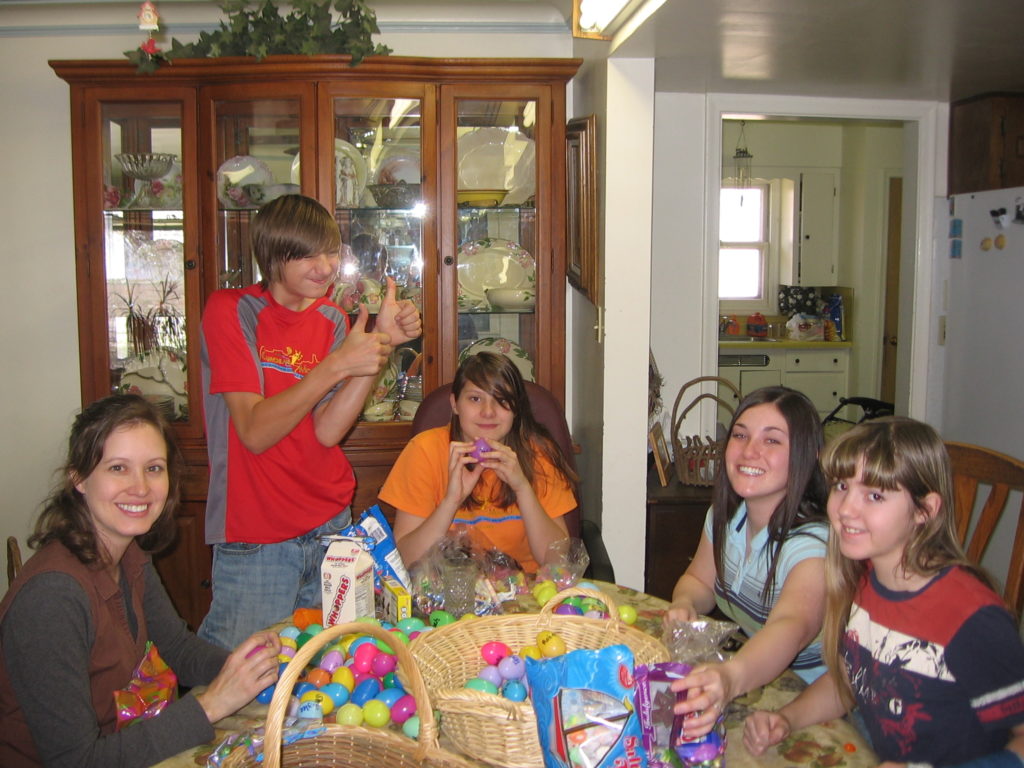 Everyone filling the eggs for the grandkids Easter egg hunt